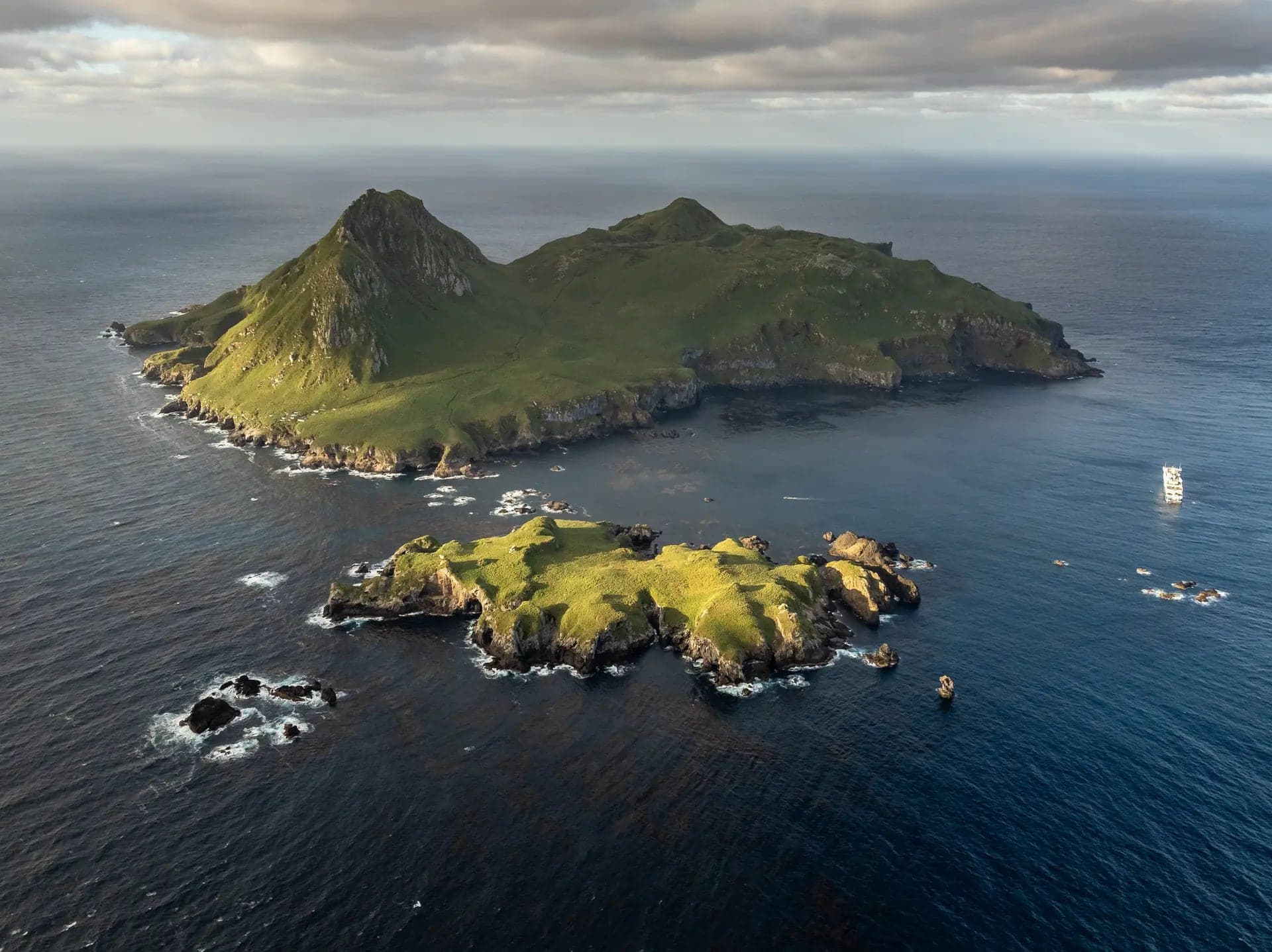 Nightingale Island's green sweep from the air